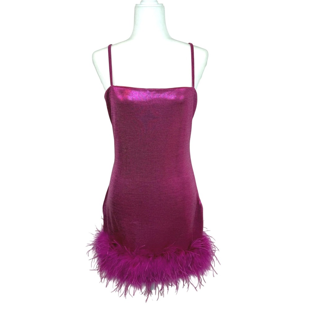 NWT Fashion Nova Feather Trim Mini Dress L Hot Pink Y2K Barbie Party Clubwear